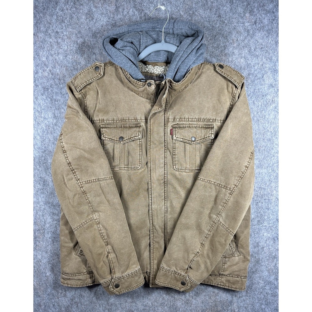 Levis Sherpa Lined Canvas Utility Jacket Hooded Men's Size XL Brown Outdoors